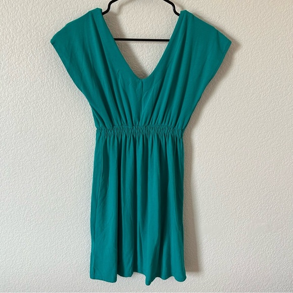 La Class Deep V Neck,Teal Boho, Floral, Flowy, Sleeveless Dress with White Print - Picture 2 of 6